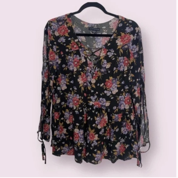 Peplum Top Floral V Neck Tie Drawstring Hipster Hippie Trendy Pullover Blouse - Picture 1 of 7